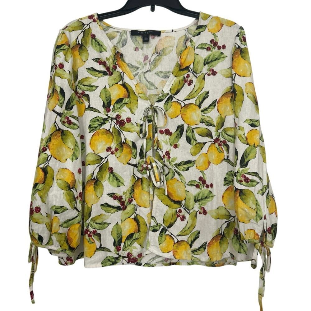 Andrew Marc Linen Blend Lemon Tie Front Balloon Sleeve Blouse Cottage Novelty L
